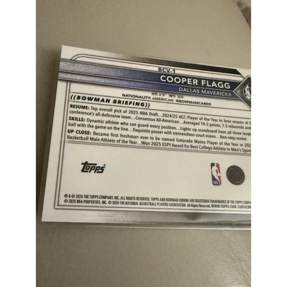 2025-26 Bowman Chrome Cooper Flagg Rookie RC #BCV-1 Dallas Mavericks